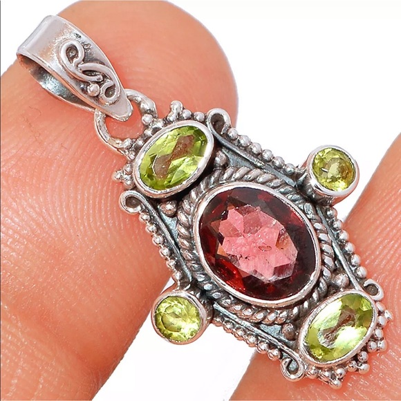 Earth Art hand crafted artisan Jewelry - Garnet and peridot silver pendant